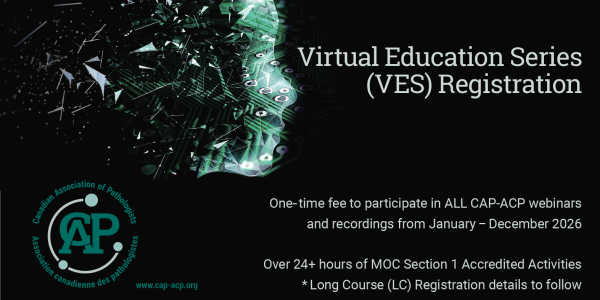 Promotional graphic for the CAP-ACP Virtual Education Series registration, featuring program details, a digital face outline, and the CAP-ACP logo on a black background.